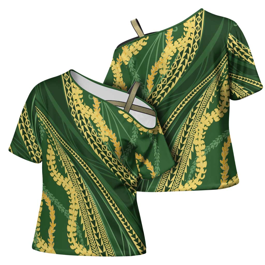Polynesian Puakeniken Pikake Twisted Lei Cross Shoulder Shirt Emerald LT7 - Polynesian Pride