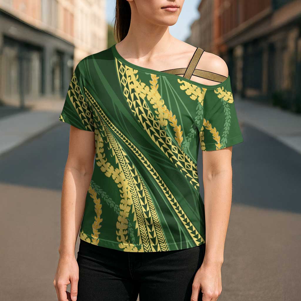 Polynesian Puakeniken Pikake Twisted Lei Cross Shoulder Shirt Emerald LT7 - Polynesian Pride