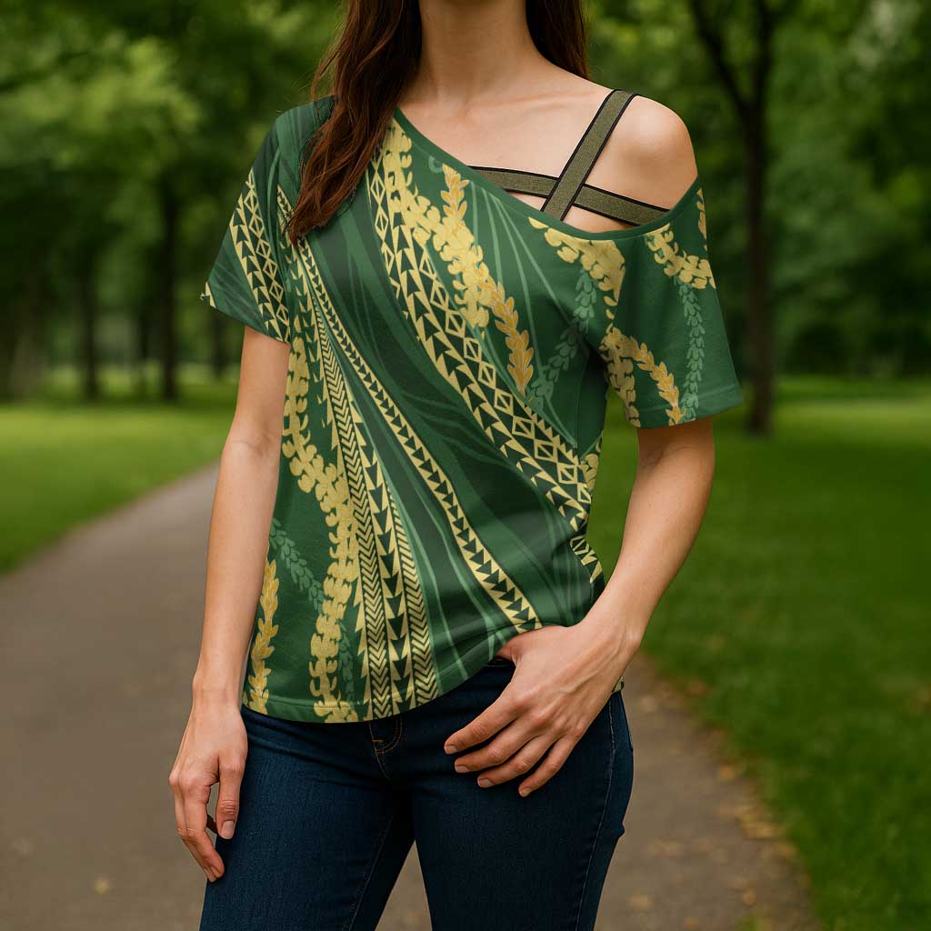 Polynesian Puakeniken Pikake Twisted Lei Cross Shoulder Shirt Emerald LT7 - Polynesian Pride