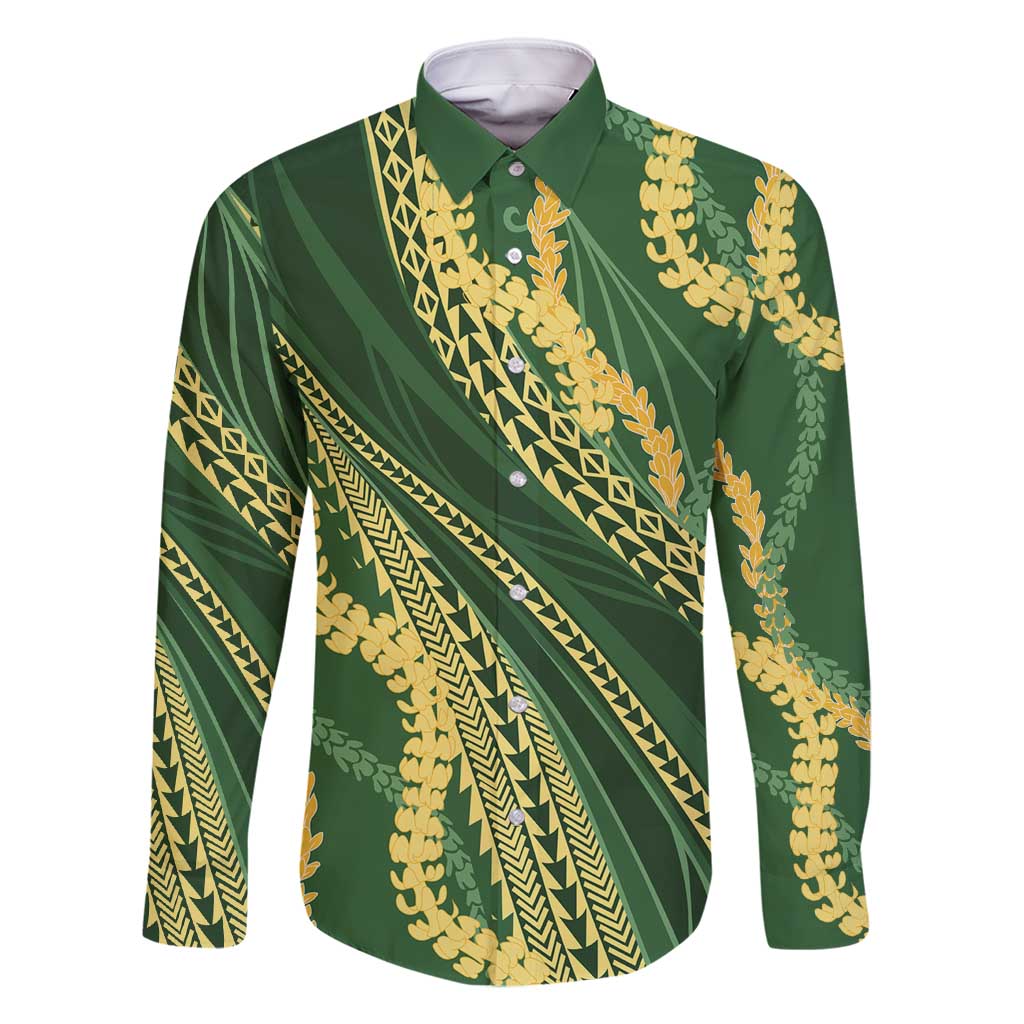 Polynesian Puakeniken Pikake Twisted Lei Family Matching Long Sleeve Bodycon Dress and Hawaiian Shirt Emerald - Polynesian Pride