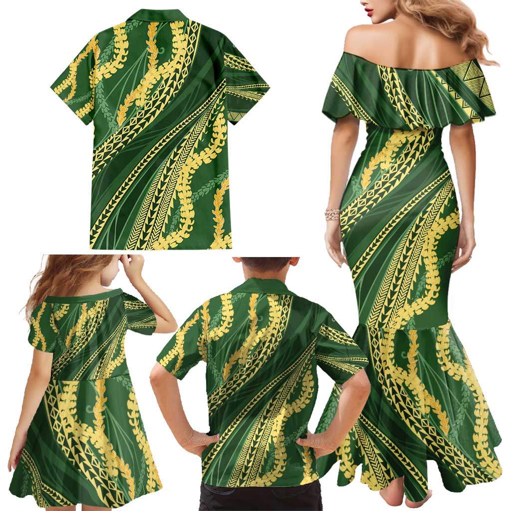 Polynesian Puakeniken Pikake Twisted Lei Family Matching Mermaid Dress and Hawaiian Shirt Emerald - Polynesian Pride