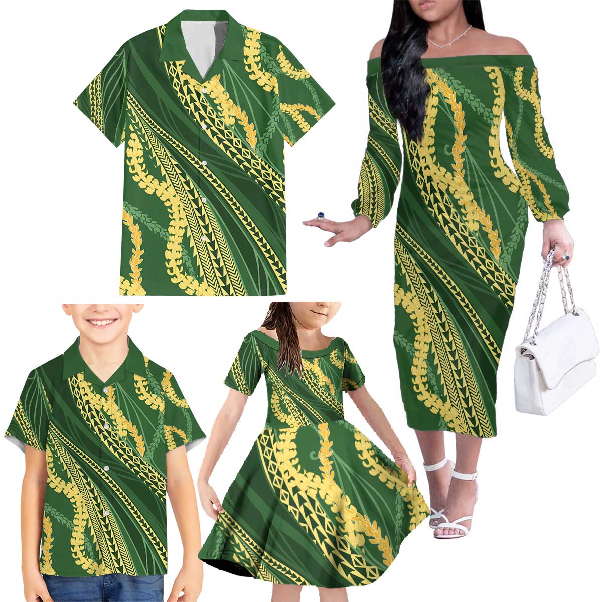 Polynesian Puakeniken Pikake Twisted Lei Family Matching Off The Shoulder Long Sleeve Dress and Hawaiian Shirt Emerald - Polynesian Pride