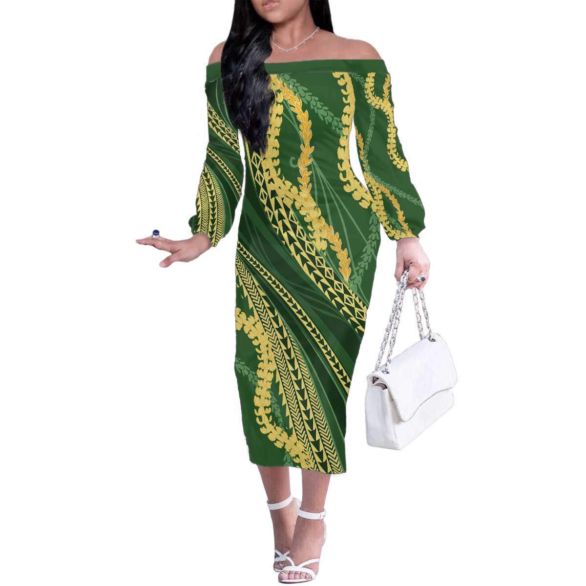Polynesian Puakeniken Pikake Twisted Lei Family Matching Off The Shoulder Long Sleeve Dress and Hawaiian Shirt Emerald - Polynesian Pride