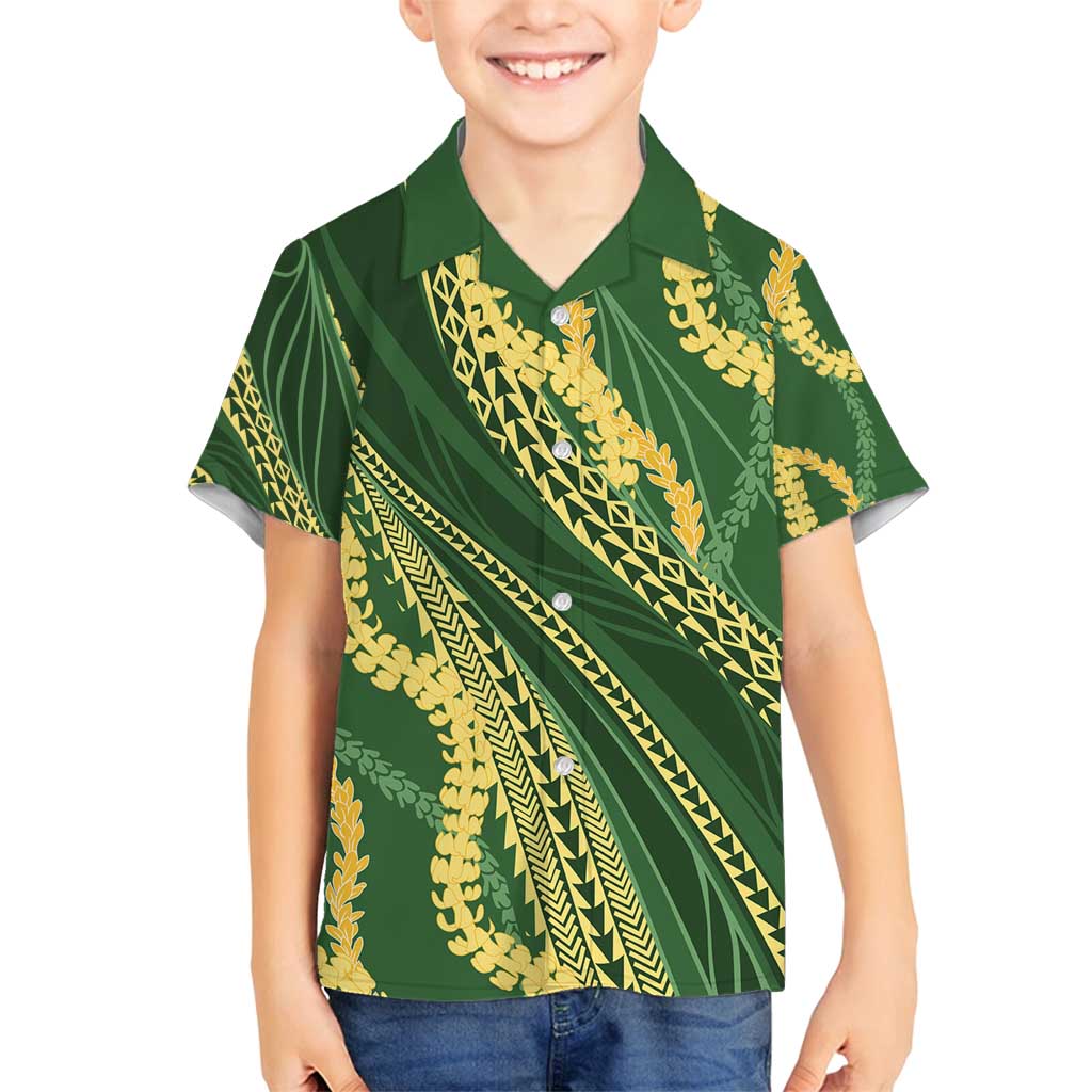 Polynesian Puakeniken Pikake Twisted Lei Family Matching Off Shoulder Maxi Dress and Hawaiian Shirt Emerald - Polynesian Pride