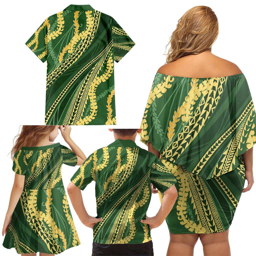 Polynesian Puakeniken Pikake Twisted Lei Family Matching Off Shoulder Short Dress and Hawaiian Shirt Emerald - Polynesian Pride
