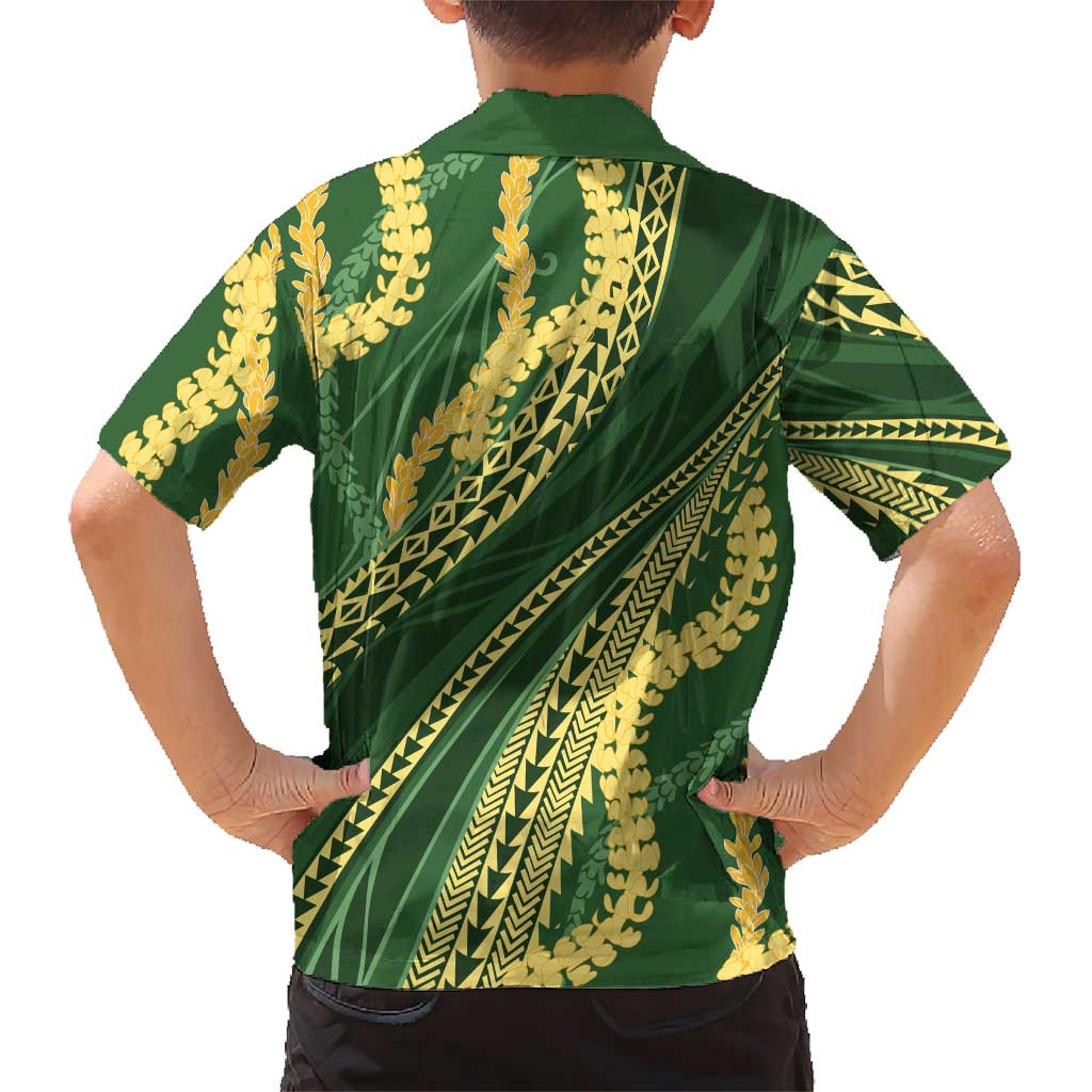 Polynesian Puakeniken Pikake Twisted Lei Family Matching Puletasi and Hawaiian Shirt Emerald - Polynesian Pride