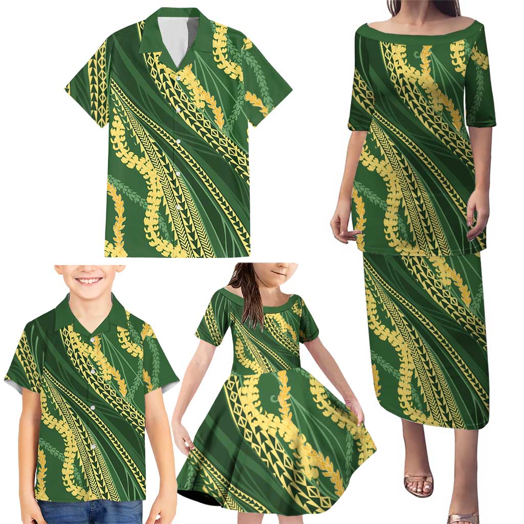 Polynesian Puakeniken Pikake Twisted Lei Family Matching Puletasi and Hawaiian Shirt Emerald - Polynesian Pride