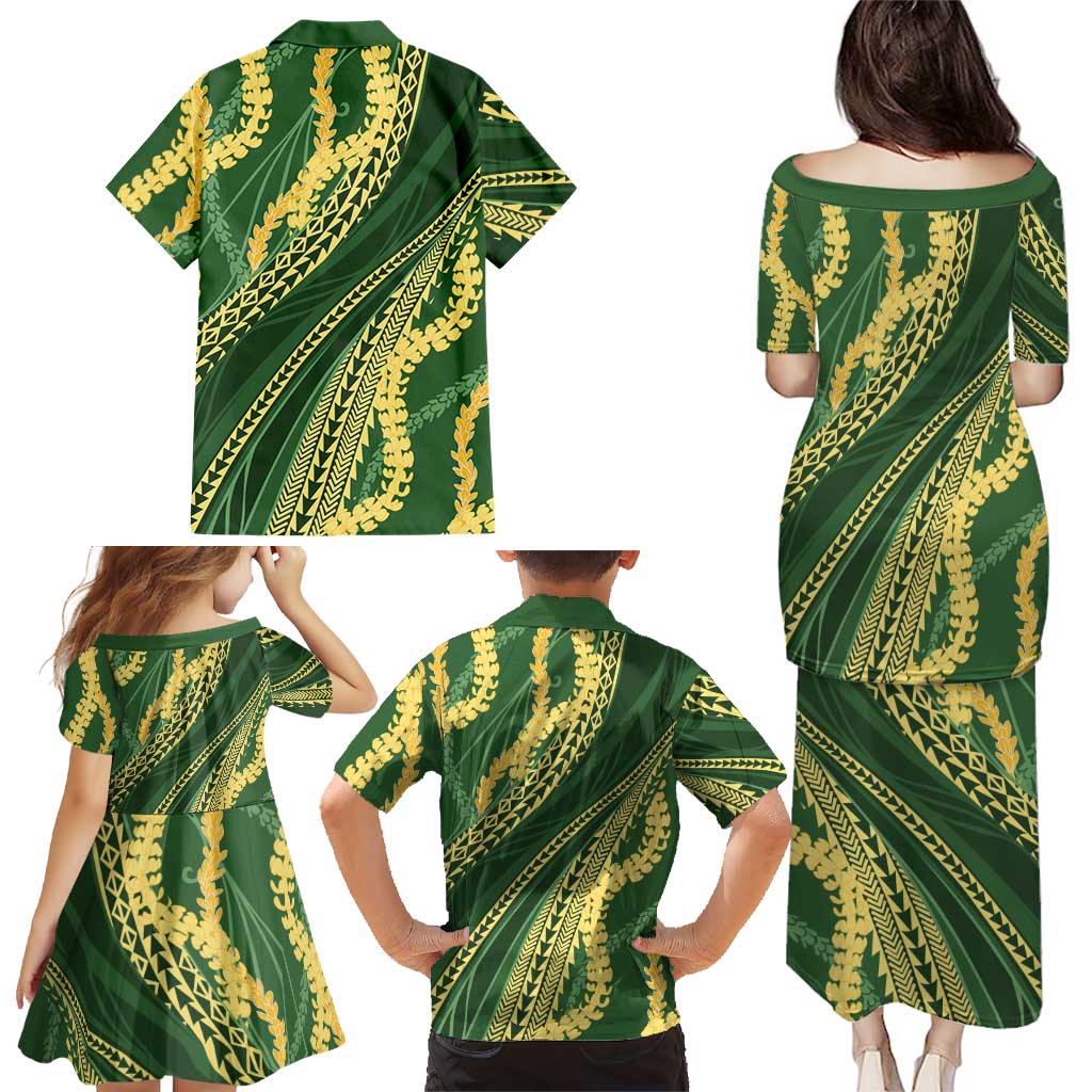 Polynesian Puakeniken Pikake Twisted Lei Family Matching Puletasi and Hawaiian Shirt Emerald - Polynesian Pride
