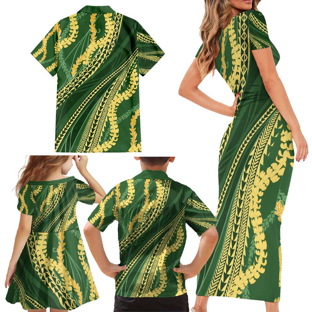 Polynesian Puakeniken Pikake Twisted Lei Family Matching Short Sleeve Bodycon Dress and Hawaiian Shirt Emerald - Polynesian Pride