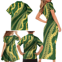 Polynesian Puakeniken Pikake Twisted Lei Family Matching Short Sleeve Bodycon Dress and Hawaiian Shirt Emerald - Polynesian Pride