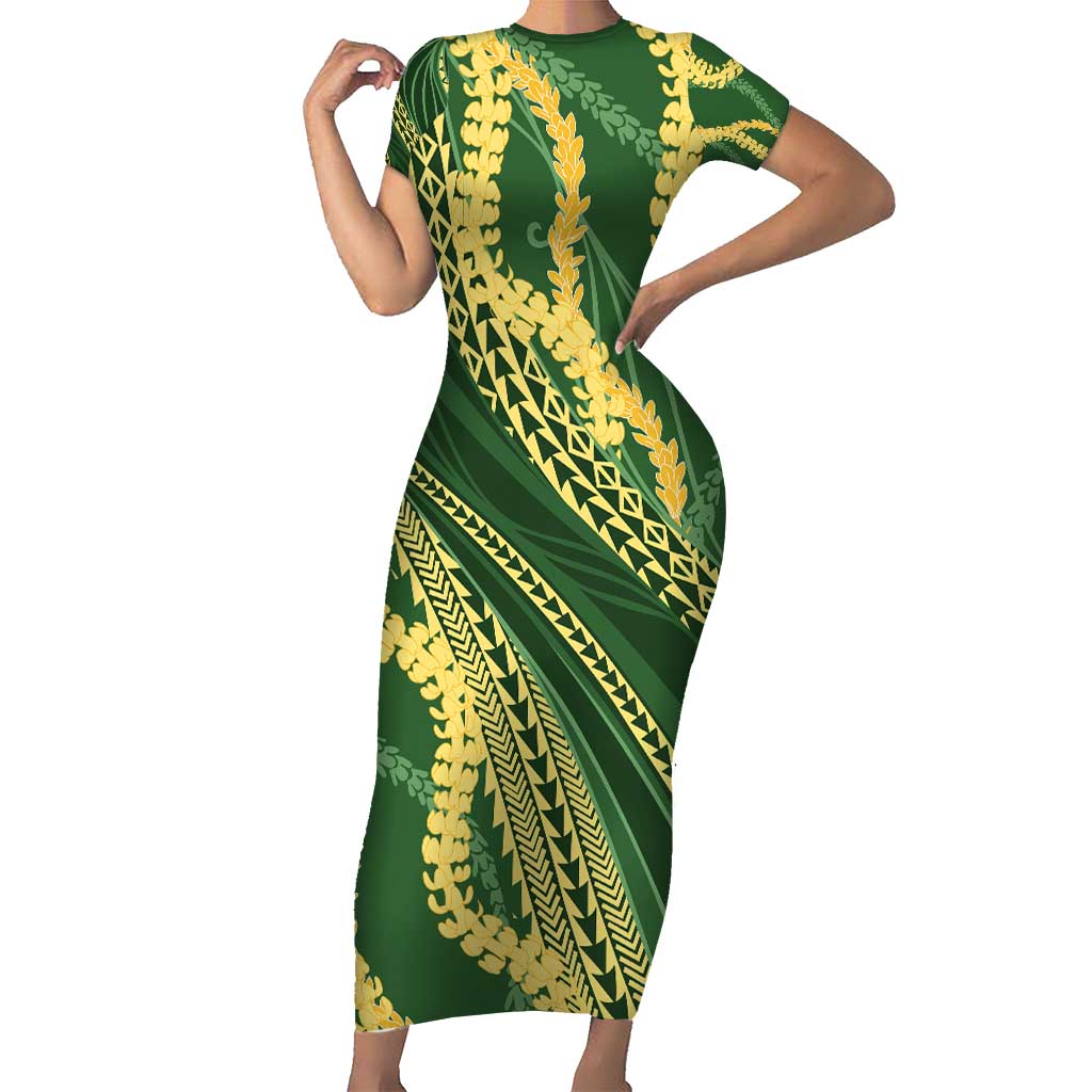 Polynesian Puakeniken Pikake Twisted Lei Family Matching Short Sleeve Bodycon Dress and Hawaiian Shirt Emerald - Polynesian Pride