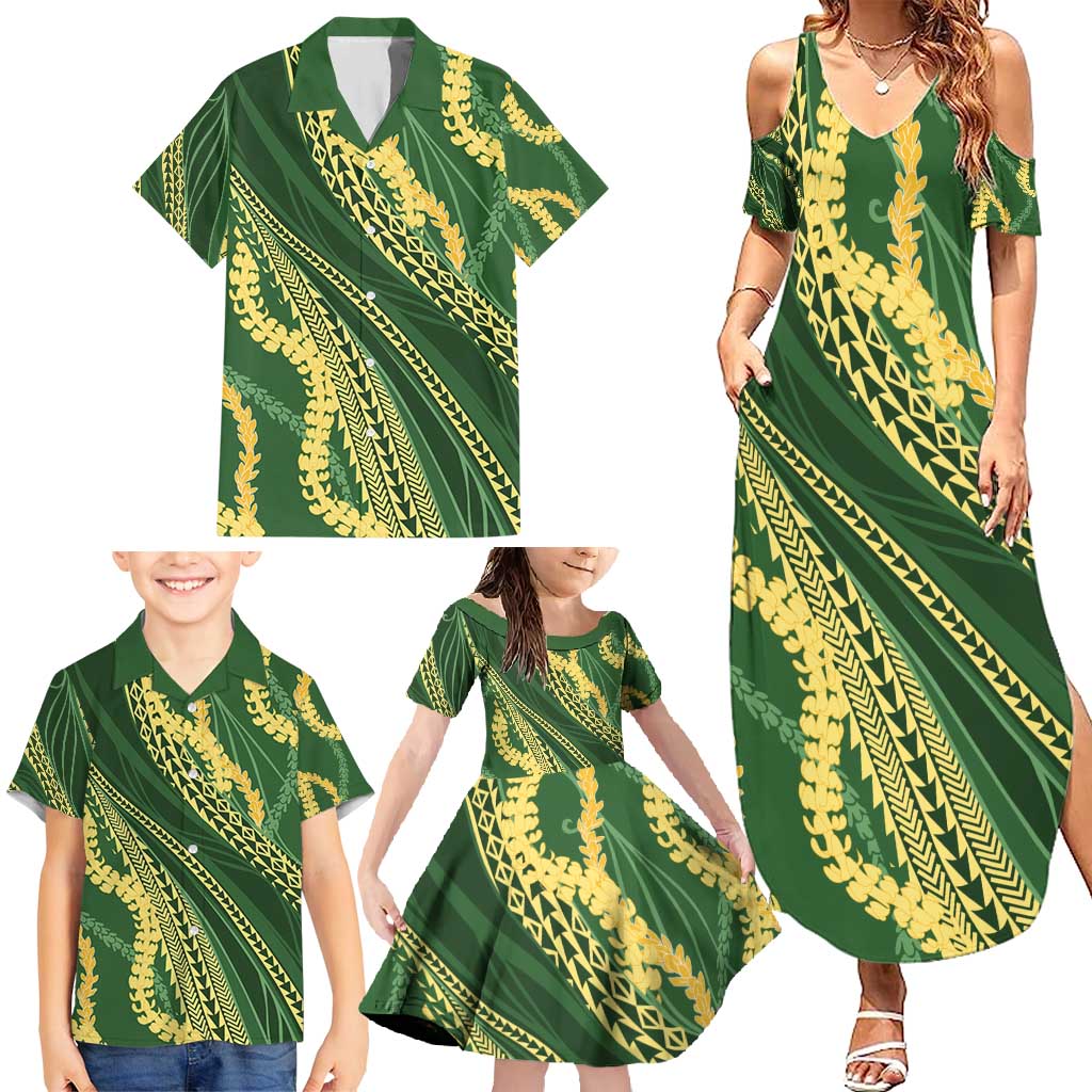 Polynesian Puakeniken Pikake Twisted Lei Family Matching Summer Maxi Dress and Hawaiian Shirt Emerald - Polynesian Pride