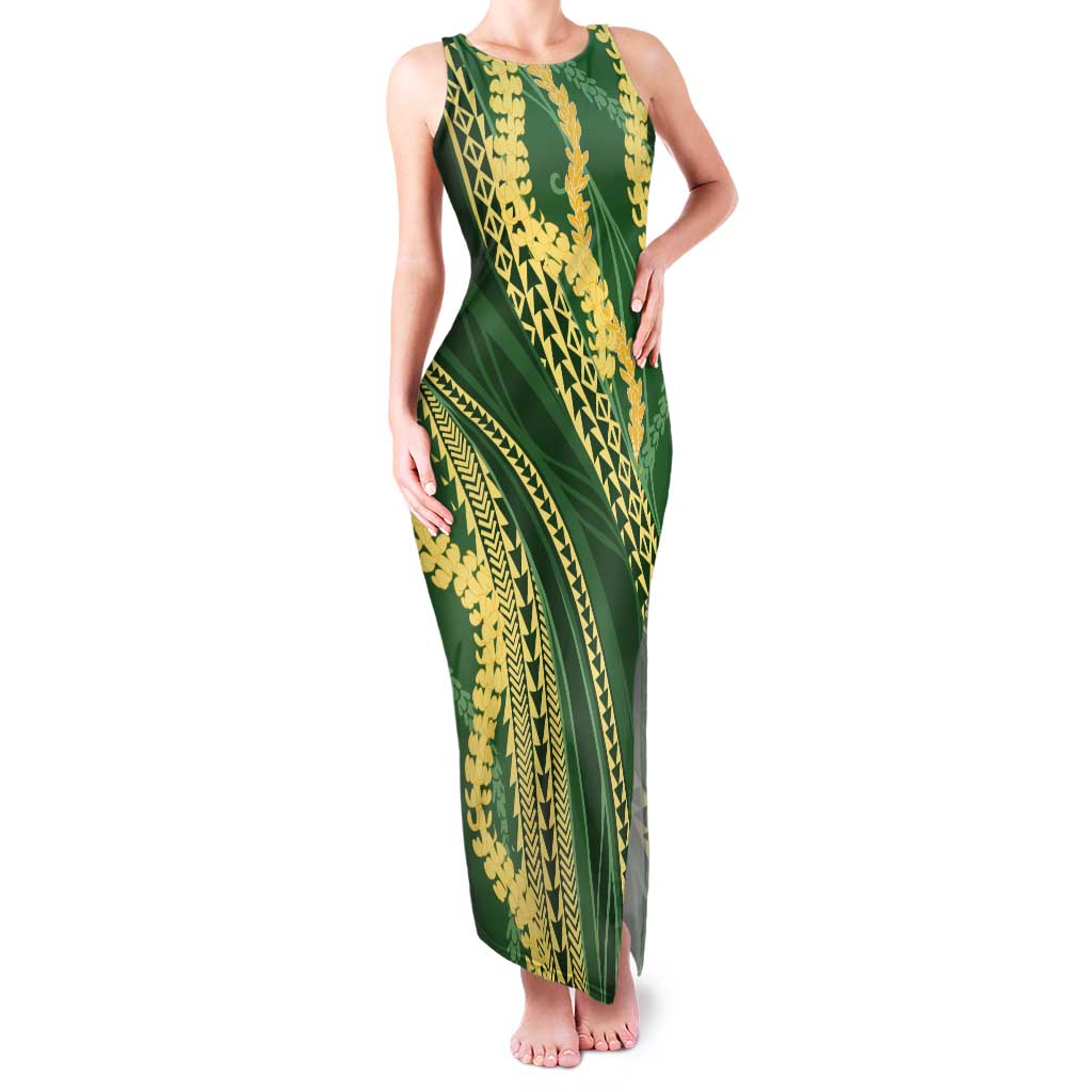 Polynesian Puakeniken Pikake Twisted Lei Family Matching Tank Maxi Dress and Hawaiian Shirt Emerald - Polynesian Pride