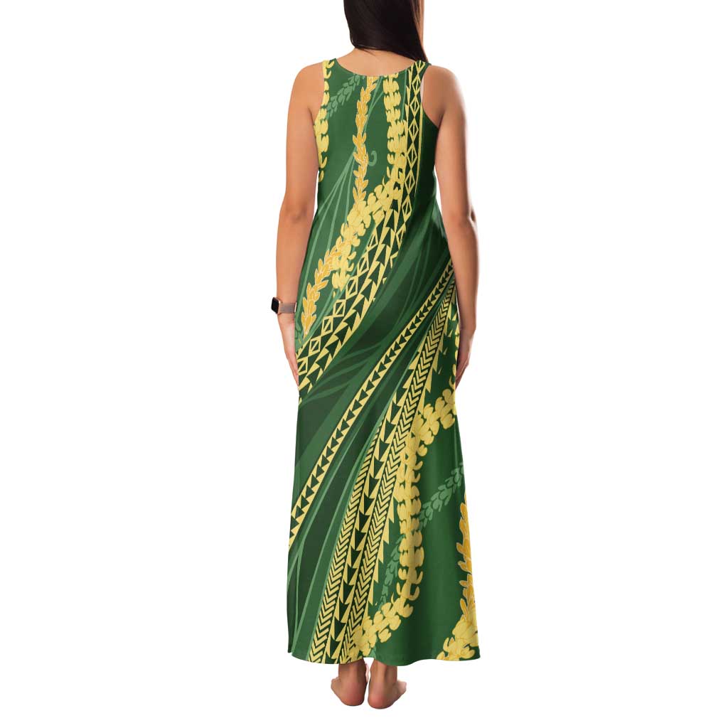 Polynesian Puakeniken Pikake Twisted Lei Family Matching Tank Maxi Dress and Hawaiian Shirt Emerald - Polynesian Pride
