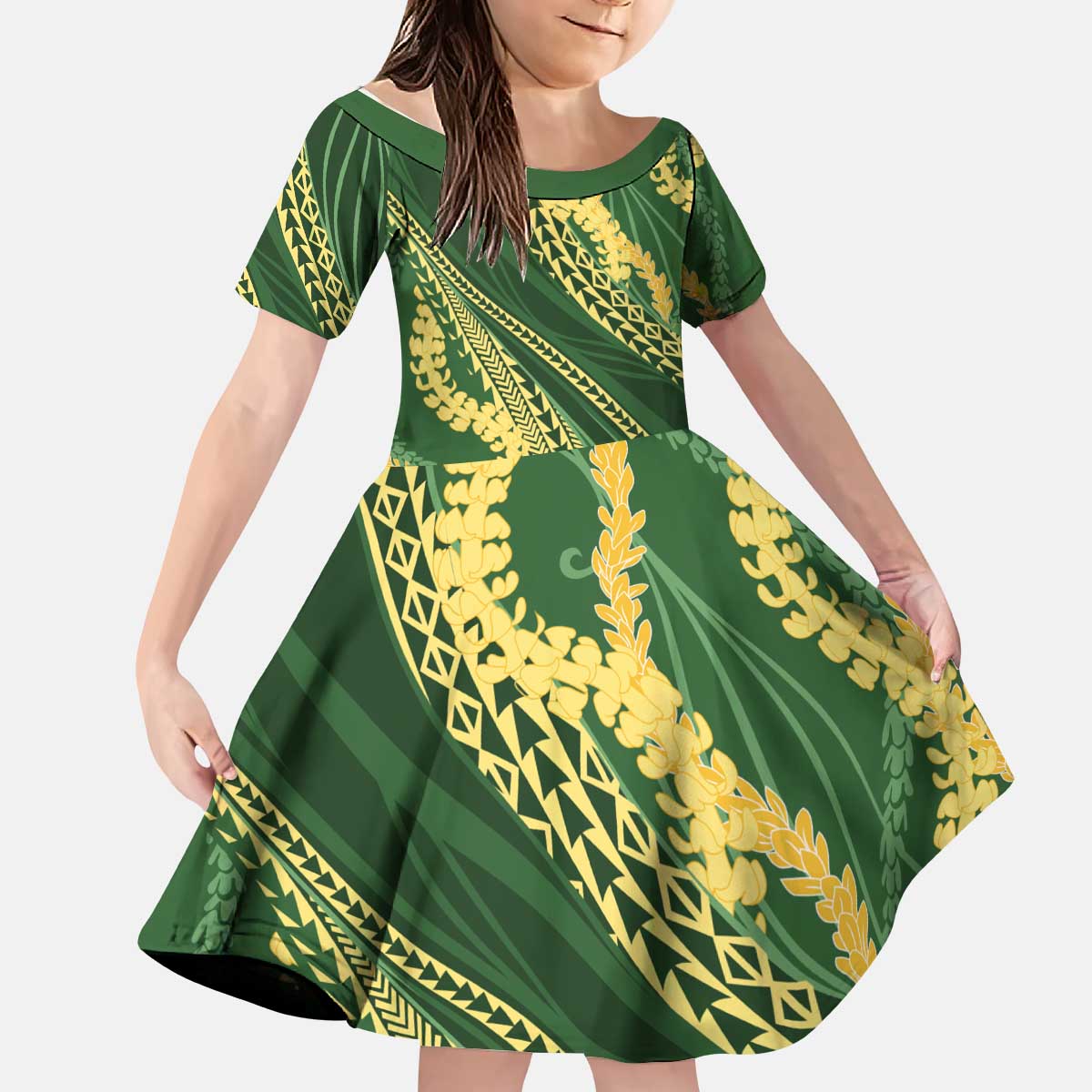 Polynesian Puakeniken Pikake Twisted Lei Kid Short Sleeve Dress Emerald LT7 KID Emerald - Polynesian Pride