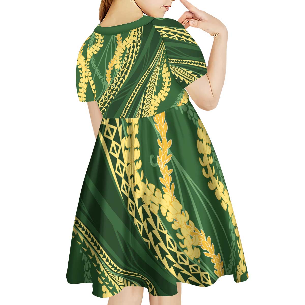 Polynesian Puakeniken Pikake Twisted Lei Kid Short Sleeve Dress Emerald LT7 - Polynesian Pride