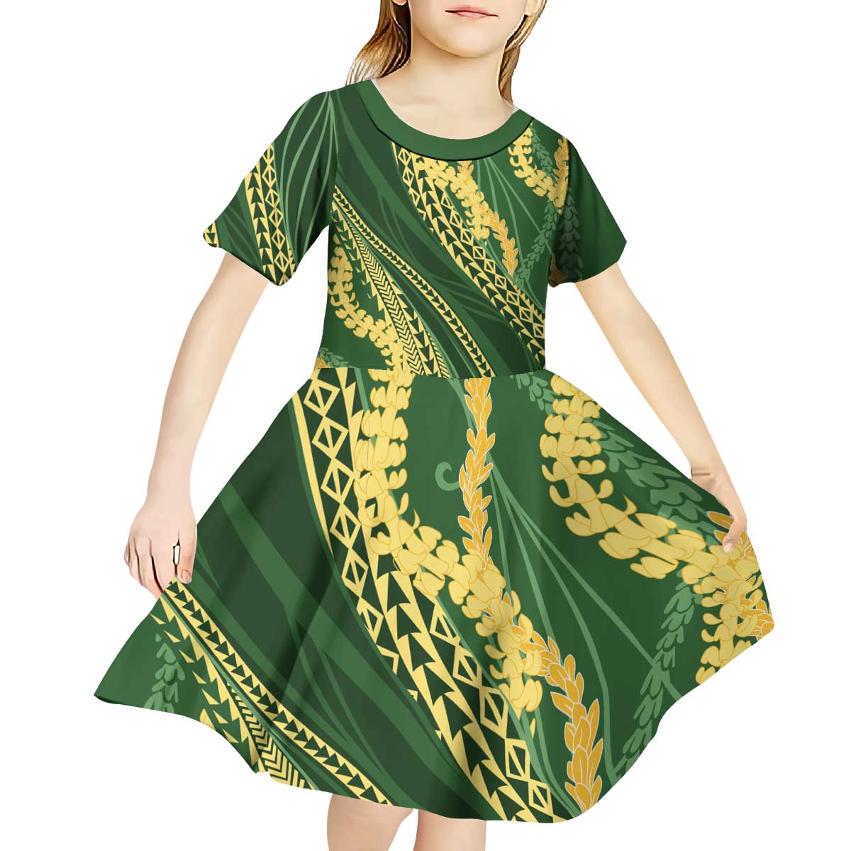 Polynesian Puakeniken Pikake Twisted Lei Kid Short Sleeve Dress Emerald LT7 - Polynesian Pride