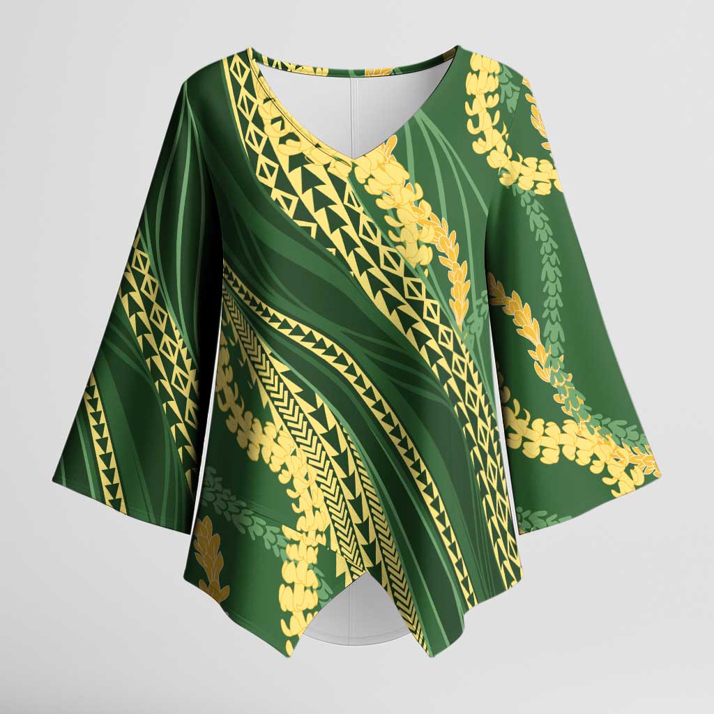 Polynesian Puakeniken Pikake Twisted Lei Kimono Sleeve Blouse Emerald LT7 Female Emerald - Polynesian Pride