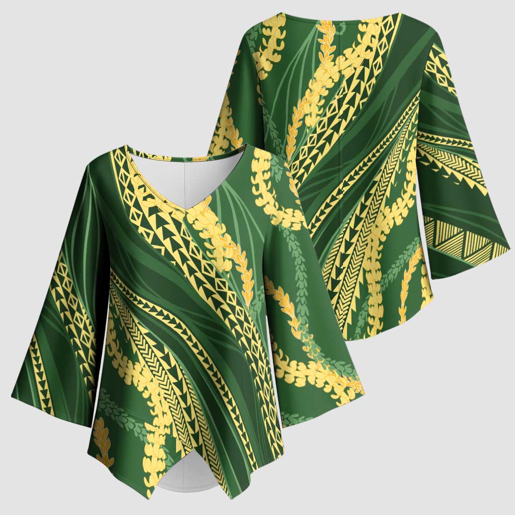 Polynesian Puakeniken Pikake Twisted Lei Kimono Sleeve Blouse Emerald LT7 - Polynesian Pride