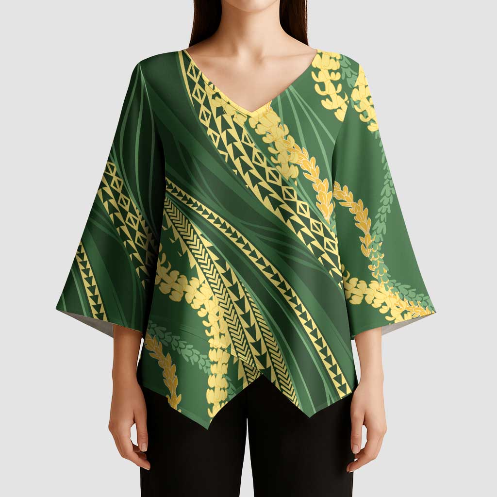 Polynesian Puakeniken Pikake Twisted Lei Kimono Sleeve Blouse Emerald LT7 - Polynesian Pride