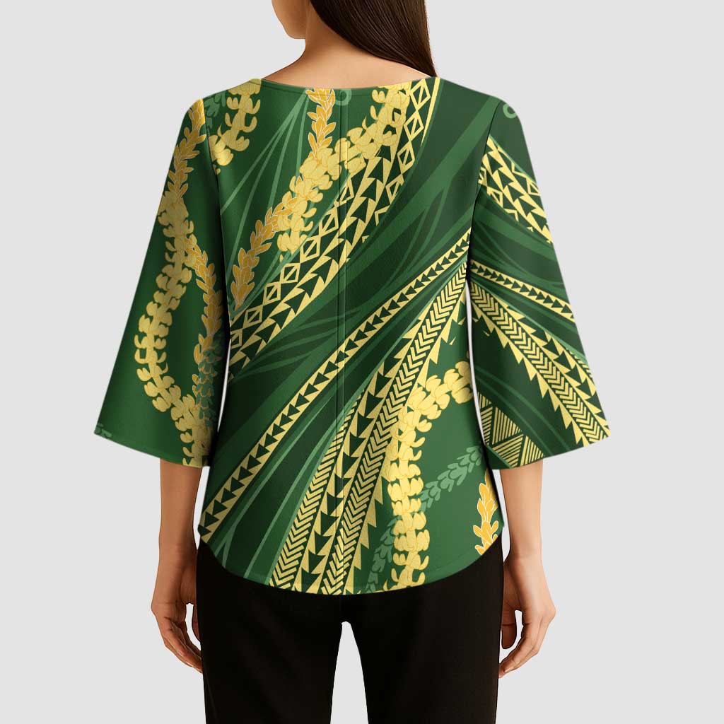 Polynesian Puakeniken Pikake Twisted Lei Kimono Sleeve Blouse Emerald LT7 - Polynesian Pride