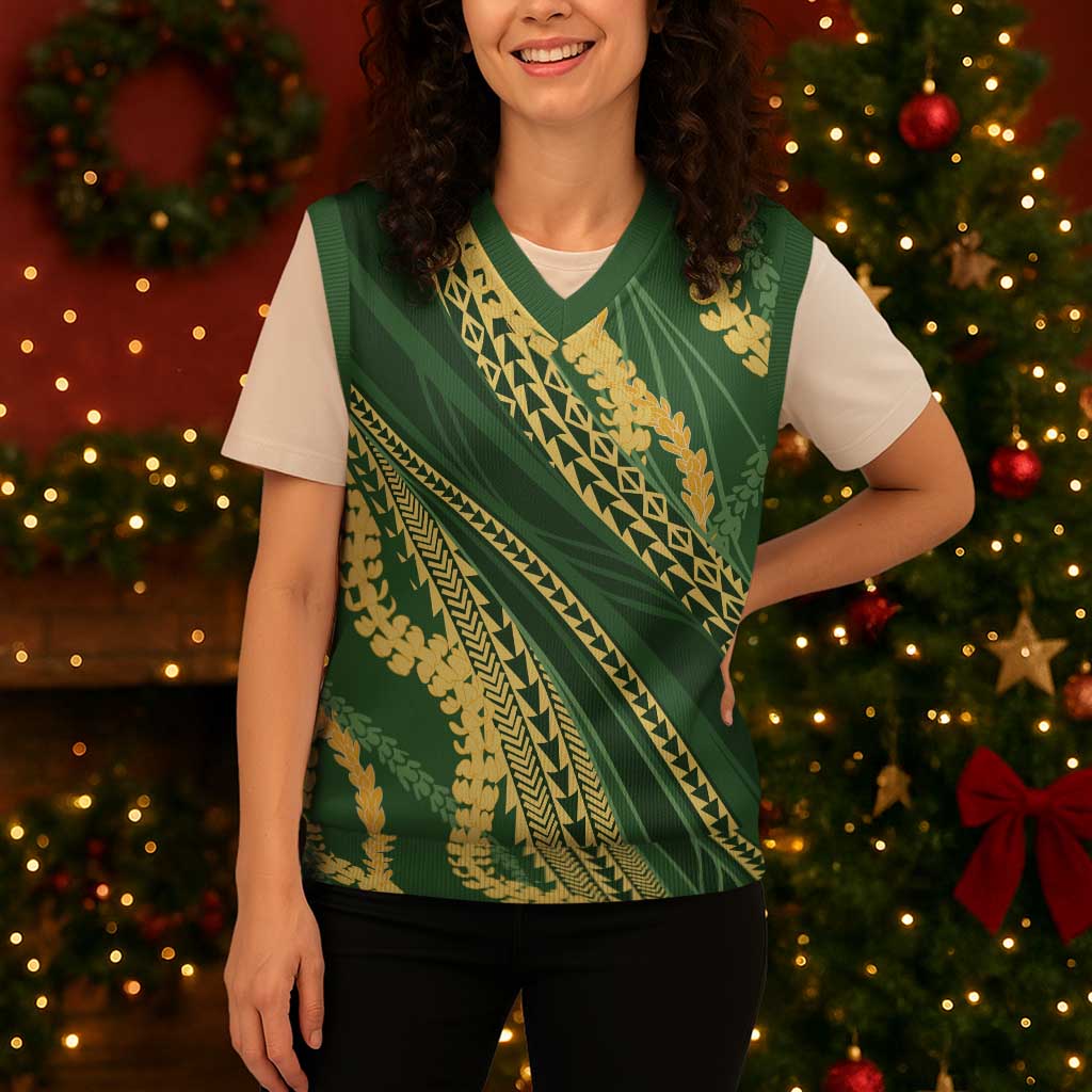 Polynesian Puakeniken Pikake Twisted Lei Christmas Knitted V-Neck Vest Emerald - Polynesian Pride
