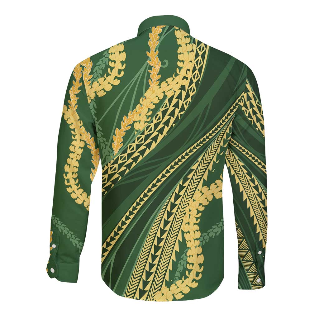 Polynesian Puakeniken Pikake Twisted Lei Long Sleeve Button Shirt Emerald LT7 - Polynesian Pride