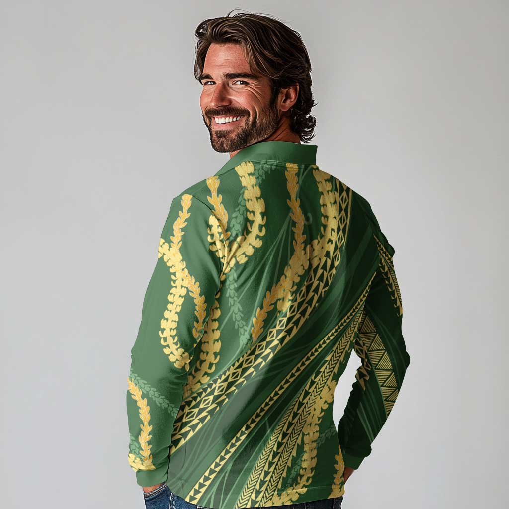 Polynesian Puakeniken Pikake Twisted Lei Long Sleeve Polo Shirt Emerald LT7 - Polynesian Pride