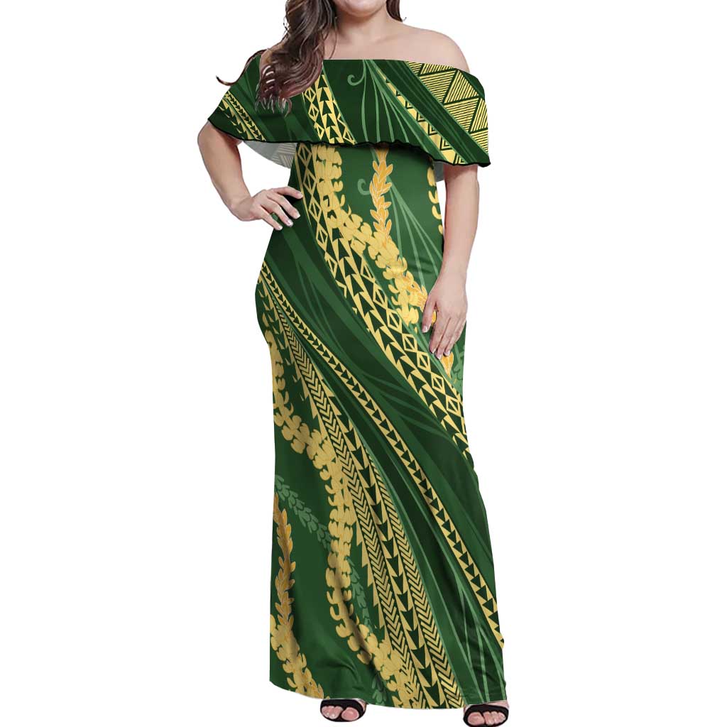 Polynesian Puakeniken Pikake Twisted Lei Off Shoulder Maxi Dress Emerald LT7 Women Emerald - Polynesian Pride