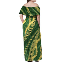 Polynesian Puakeniken Pikake Twisted Lei Off Shoulder Maxi Dress Emerald LT7 - Polynesian Pride