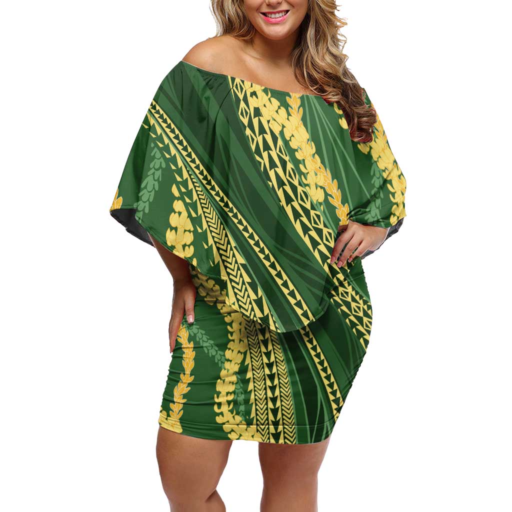Polynesian Puakeniken Pikake Twisted Lei Off Shoulder Short Dress Emerald LT7 Women Emerald - Polynesian Pride