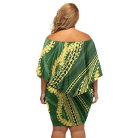 Polynesian Puakeniken Pikake Twisted Lei Off Shoulder Short Dress Emerald LT7 - Polynesian Pride