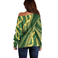 Polynesian Puakeniken Pikake Twisted Lei Off Shoulder Sweater Emerald - Polynesian Pride