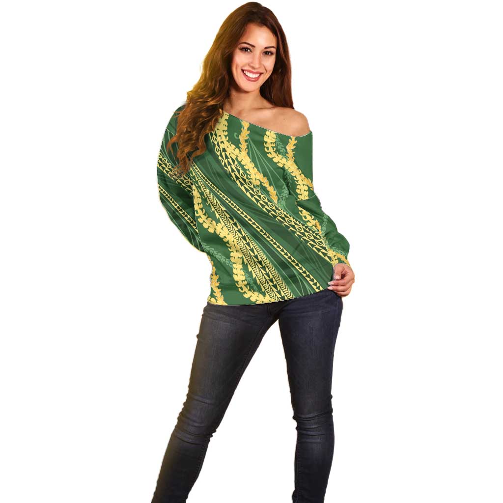 Polynesian Puakeniken Pikake Twisted Lei Off Shoulder Sweater Emerald - Polynesian Pride