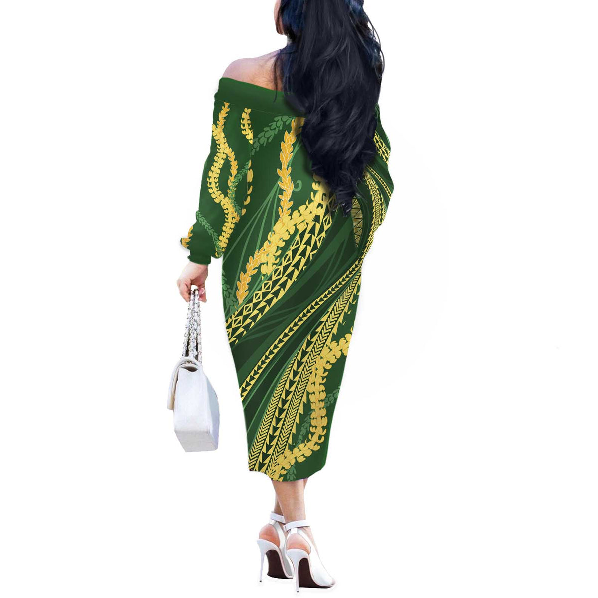 Polynesian Puakeniken Pikake Twisted Lei Off The Shoulder Long Sleeve Dress Emerald LT7 - Polynesian Pride