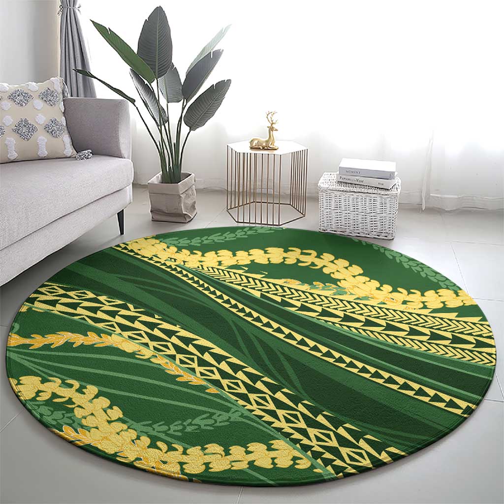 Polynesian Puakeniken Pikake Twisted Lei Round Carpet Emerald - Polynesian Pride