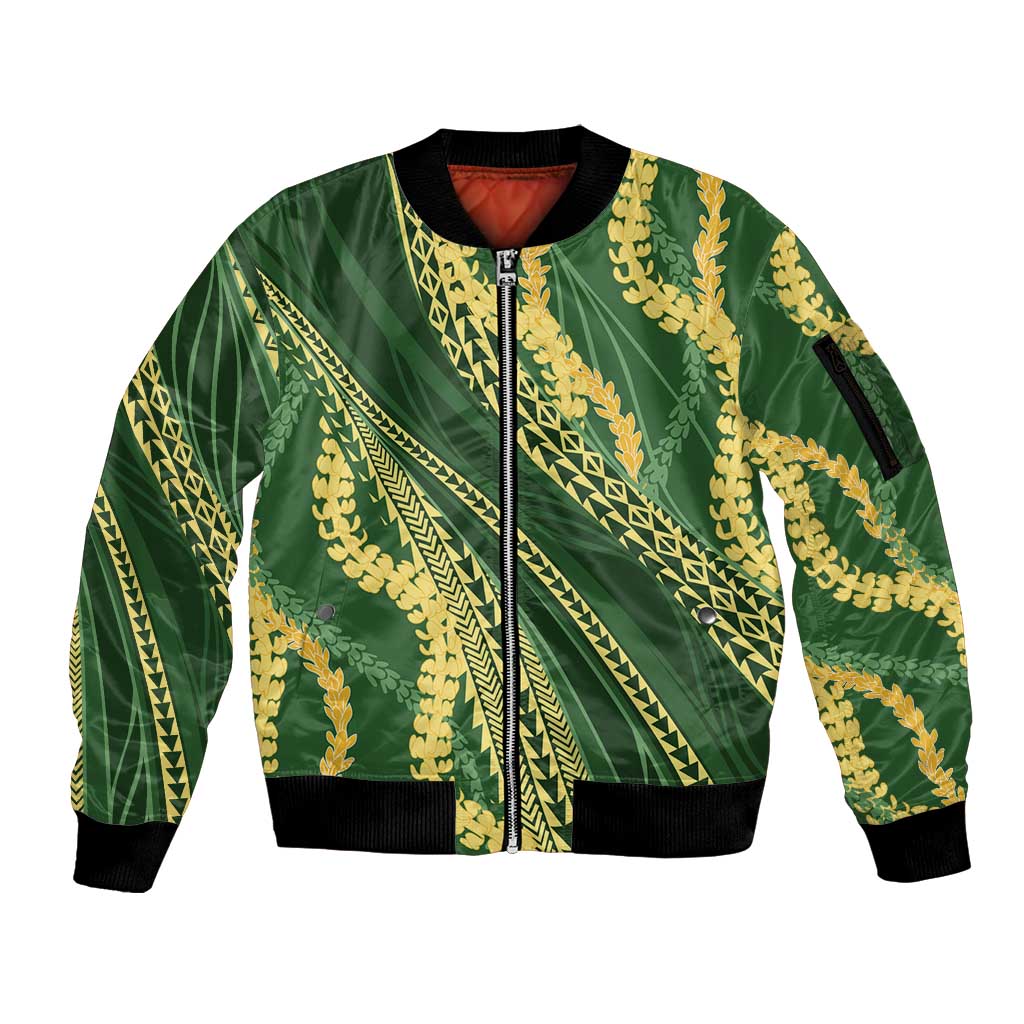 Polynesian Puakeniken Pikake Twisted Lei Sleeve Zip Bomber Jacket Emerald LT7 Unisex Emerald - Polynesian Pride