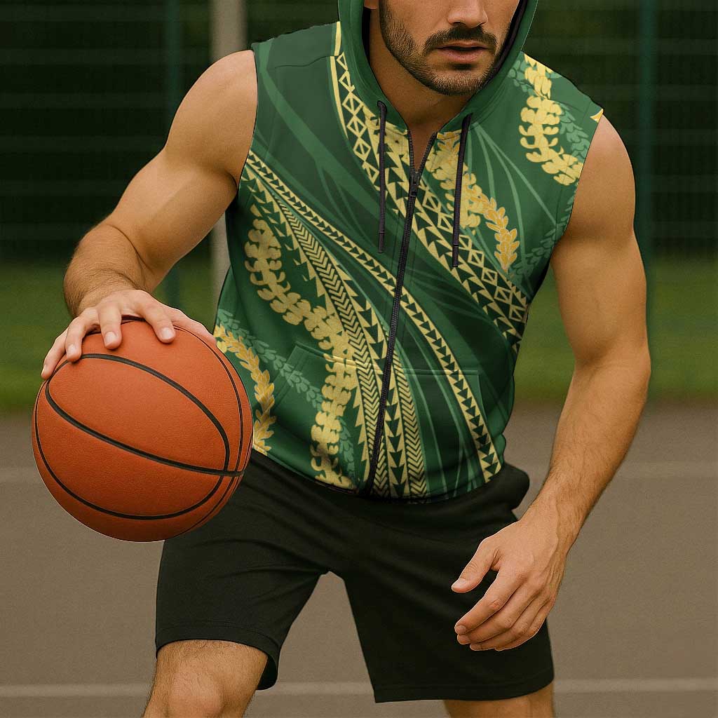 Polynesian Puakeniken Pikake Twisted Lei Sleeveless Zip Hoodie Emerald LT7 - Polynesian Pride
