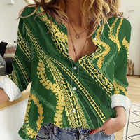 Polynesian Puakeniken Pikake Twisted Lei Women Casual Shirt Emerald - Polynesian Pride