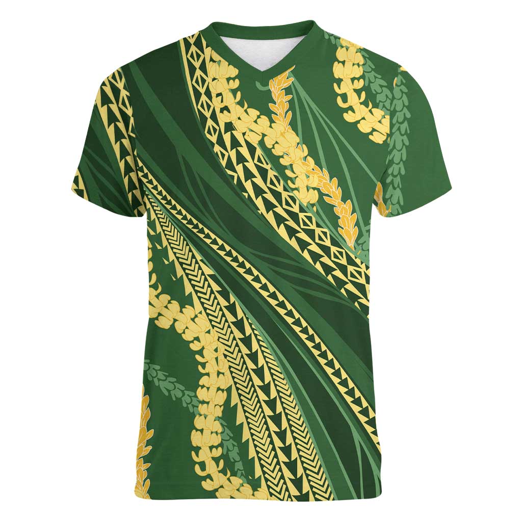 Polynesian Puakeniken Pikake Twisted Lei Women V-Neck T-Shirt Emerald LT7 Female Emerald - Polynesian Pride