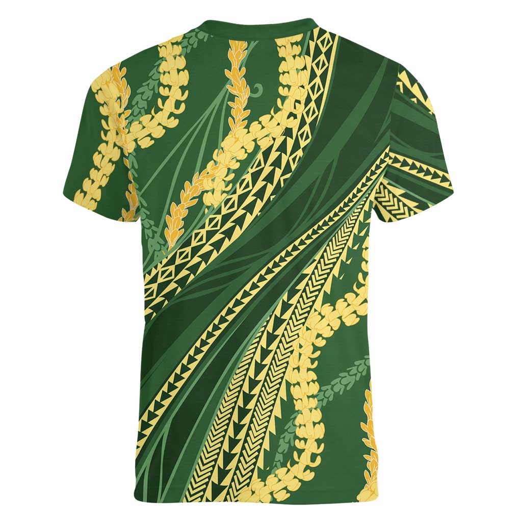 Polynesian Puakeniken Pikake Twisted Lei Women V-Neck T-Shirt Emerald LT7 - Polynesian Pride