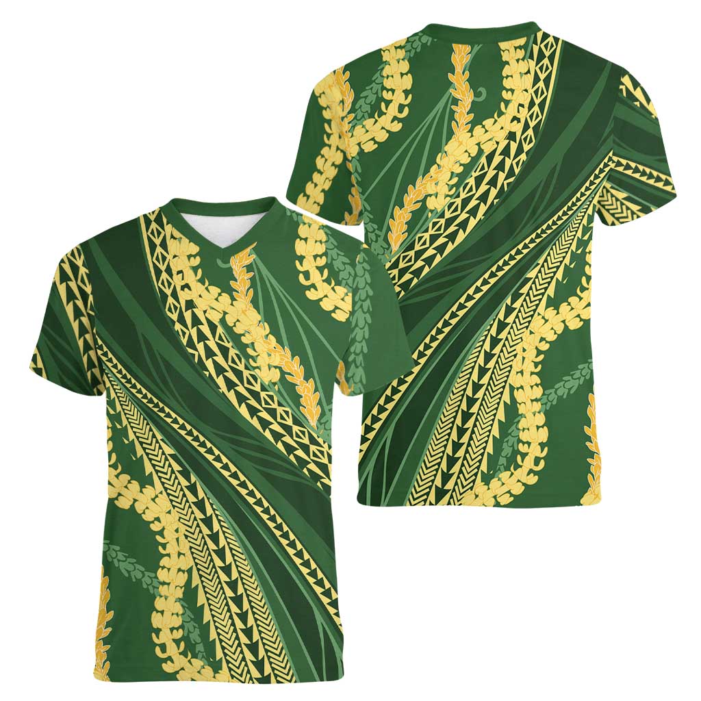 Polynesian Puakeniken Pikake Twisted Lei Women V-Neck T-Shirt Emerald LT7 - Polynesian Pride