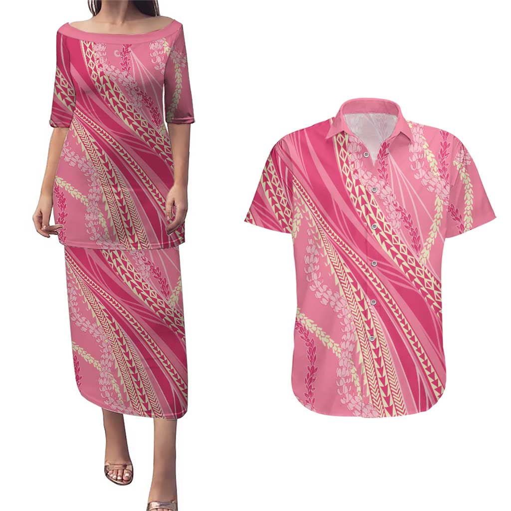 Polynesian Puakeniken Pikake Twisted Lei Couples Matching Puletasi and Hawaiian Shirt Rose Pink - Polynesian Pride