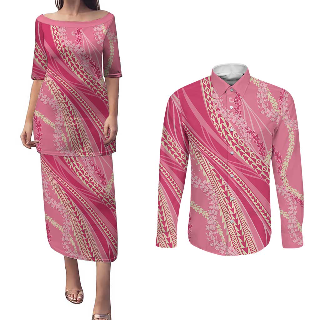 Polynesian Puakeniken Pikake Twisted Lei Couples Matching Puletasi and Long Sleeve Button Shirt Rose Pink LT7 Rose Pink - Polynesian Pride