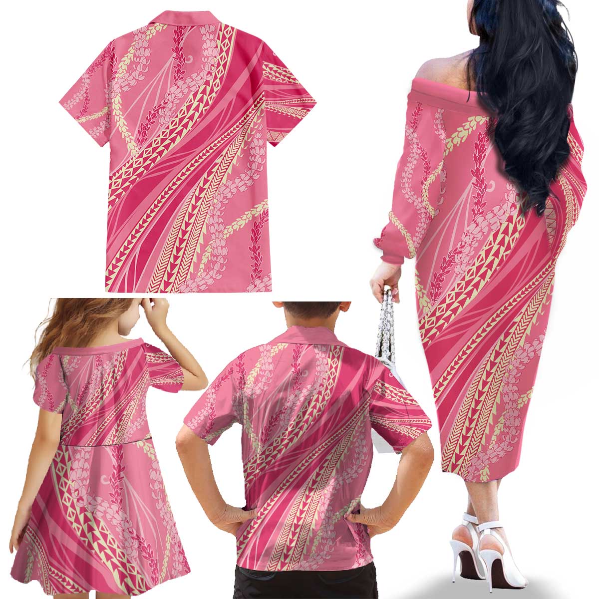 Polynesian Puakeniken Pikake Twisted Lei Family Matching Off The Shoulder Long Sleeve Dress and Hawaiian Shirt Rose Pink - Polynesian Pride