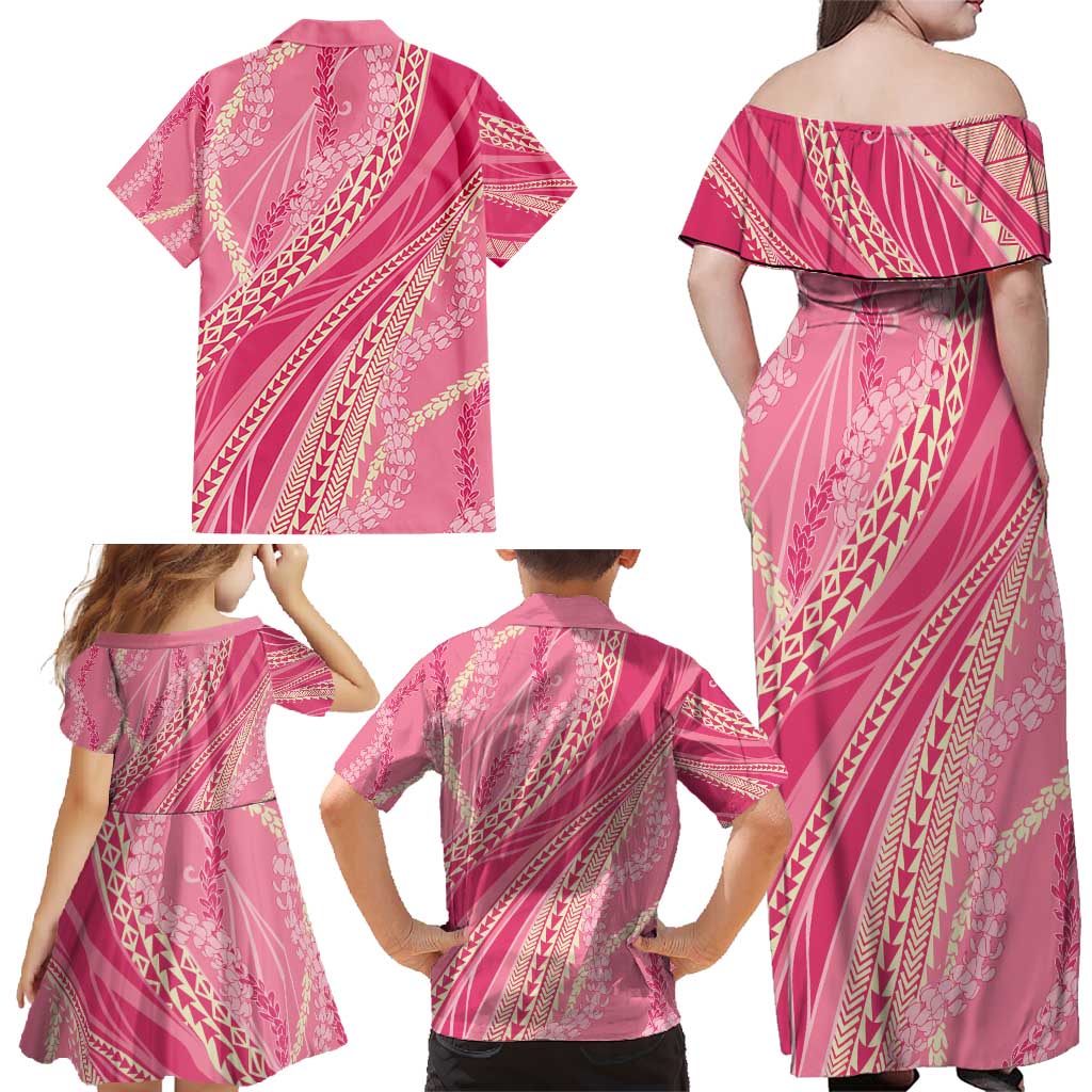 Polynesian Puakeniken Pikake Twisted Lei Family Matching Off Shoulder Maxi Dress and Hawaiian Shirt Rose Pink - Polynesian Pride