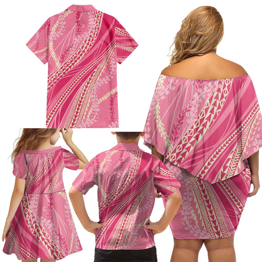 Polynesian Puakeniken Pikake Twisted Lei Family Matching Off Shoulder Short Dress and Hawaiian Shirt Rose Pink - Polynesian Pride