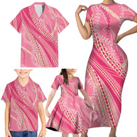 Polynesian Puakeniken Pikake Twisted Lei Family Matching Short Sleeve Bodycon Dress and Hawaiian Shirt Rose Pink - Polynesian Pride
