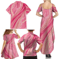 Polynesian Puakeniken Pikake Twisted Lei Family Matching Summer Maxi Dress and Hawaiian Shirt Rose Pink - Polynesian Pride