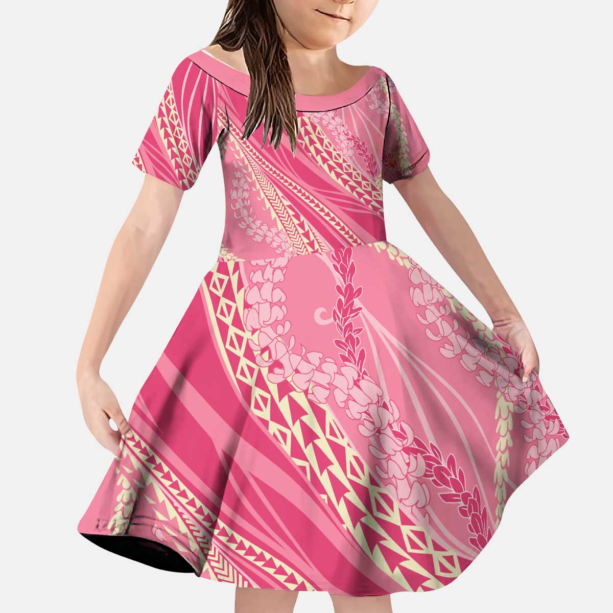 Polynesian Puakeniken Pikake Twisted Lei Kid Short Sleeve Dress Rose Pink LT7 KID Rose Pink - Polynesian Pride